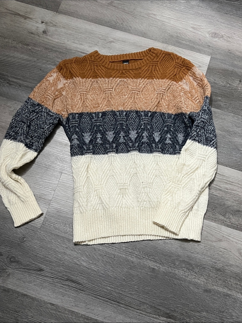 SHEIN Striped Cable-Knit Crewneck Sweater - Brown, Tan, Gray & Cream